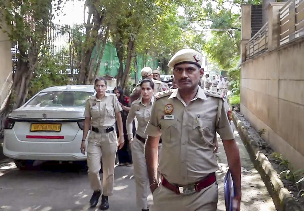 Delhi Police officers patrolling during the Tiranga march in Delhi.