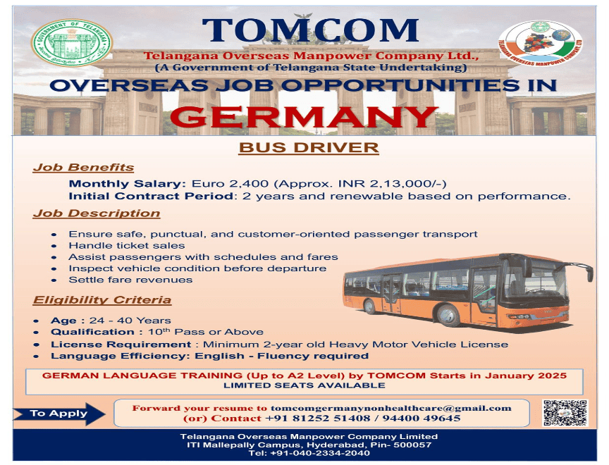 German bus driver job opportunity in Germany by TOMCOM with benefits and eligibility details.