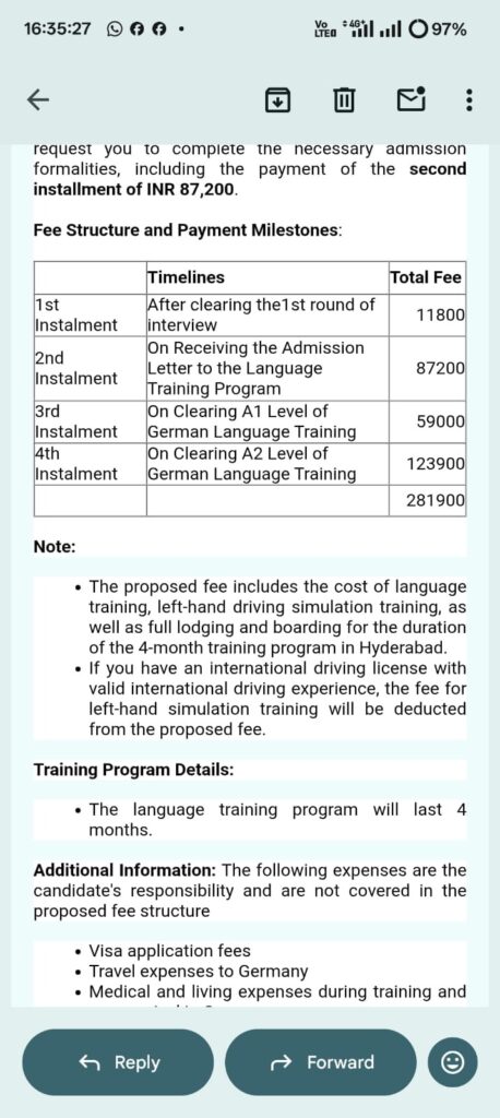 German bus driver training and language learning milestones with fee details.