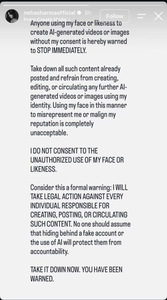 Warning against AI videos using face without consent, emphasising legal action and accountability.
