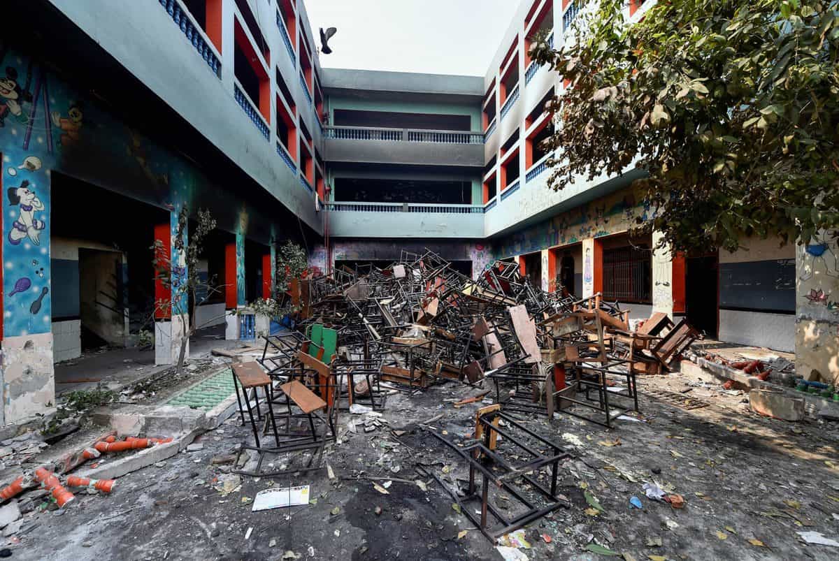A vandalized private school in the Shivpuri area of the riot-affected northeast Delhi.