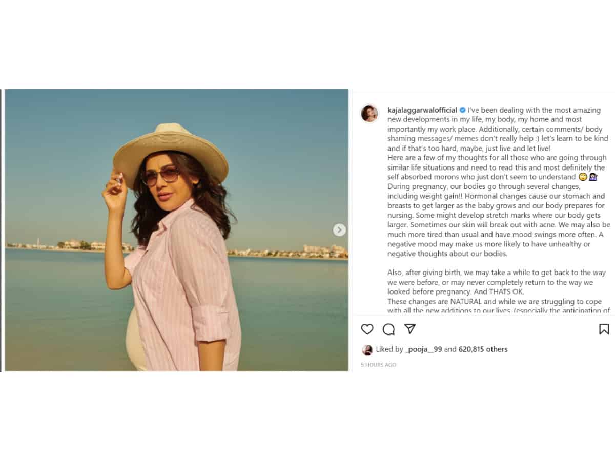 Kajal Aggarwal takes on body shamers who commented on her pregnant look