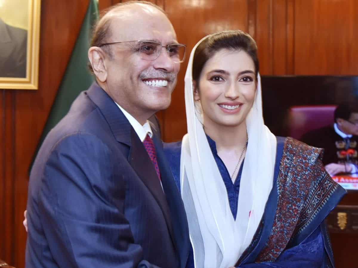 President Asif Ali Zardari congratulating Ms Aseefa Bhutto Zardari
