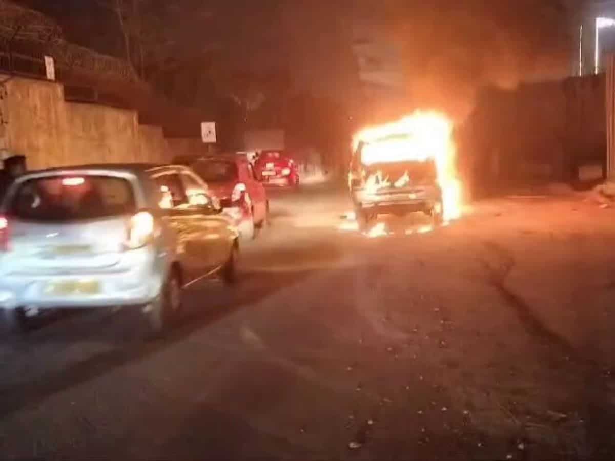 Video: Car catches fire near Hyderabad's National Police Academy