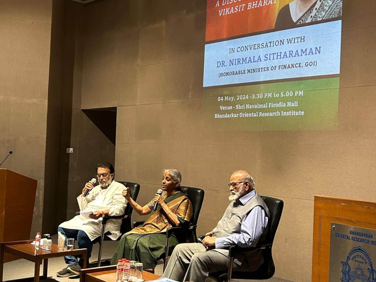 Union Finance Minister Nirmala Sitharaman during a discussion on Viksit Bharat at Bhandarkar Oriental Research Institute, in Pune,