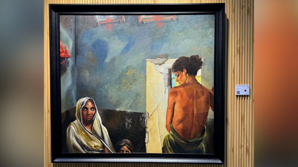 Painting of two women, one with a headscarf and the other with back turned, in a rustic setting.