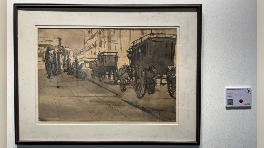 Vintage street scene with horse-drawn carriages and pedestrians in sepia tones.