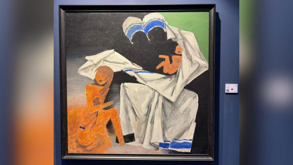 Abstract painting featuring orange figures and a white draped figure with blue accents.