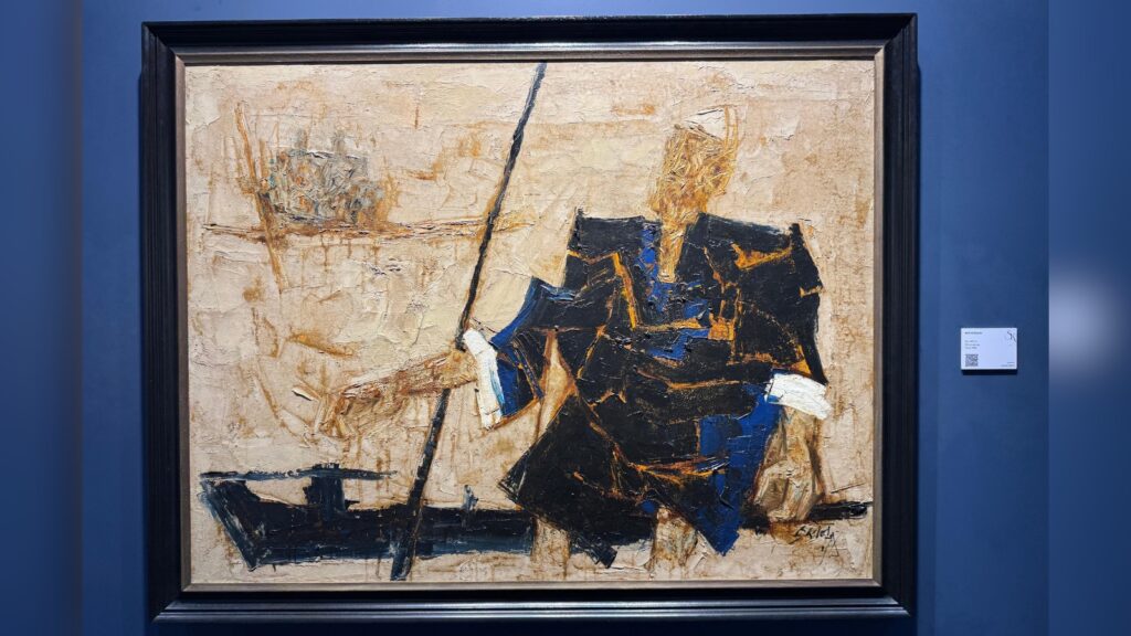 Abstract painting of a seated figure in dark clothing holding a staff, with textured background.