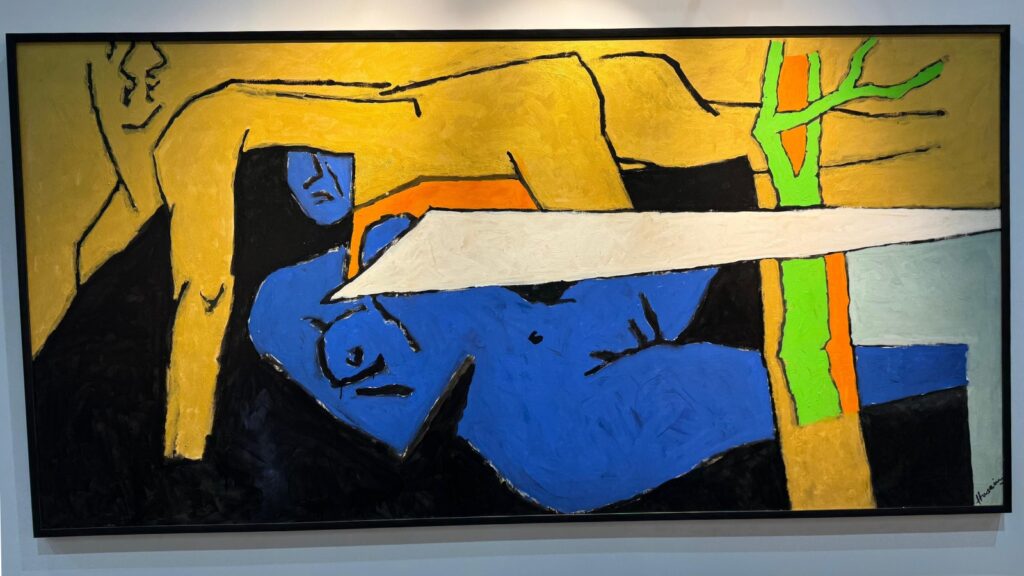 Abstract painting of a reclining blue figure with yellow and green elements, modern art style.